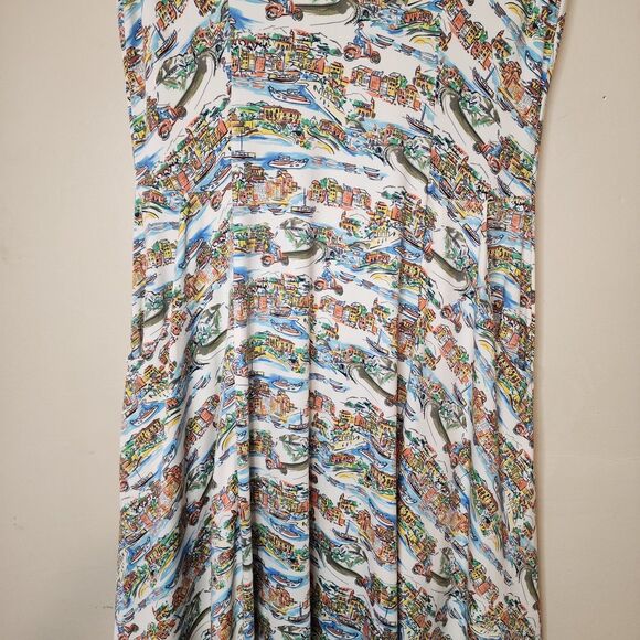 Vintage Karina Dress Italian Venice Scenic Print Vacation Boho Womens Large - Picture 6 of 16